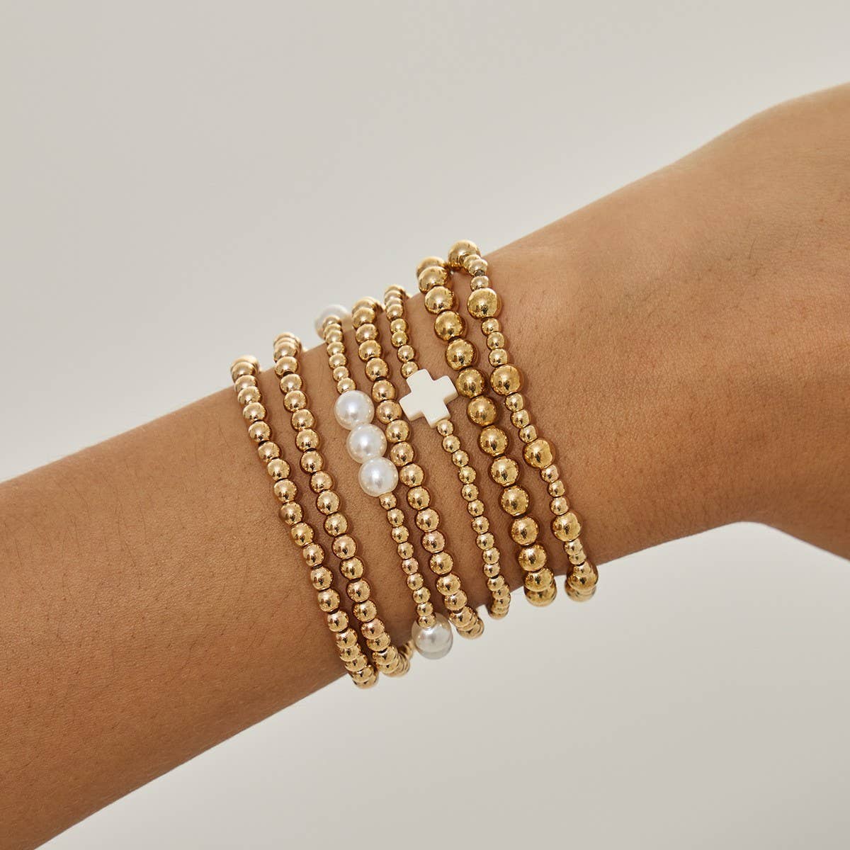 MULTI BALL PEARL BEAD CROSS STRETCHABLE BRACELET | 40B5271
