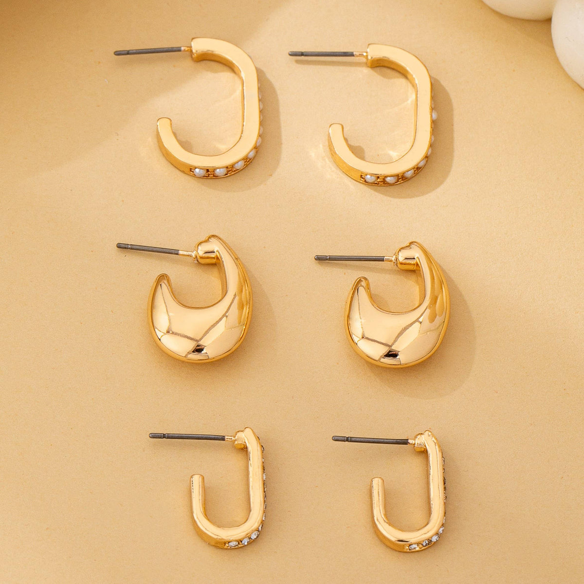Rhinestone Pearl Huggie Hoop Trio Earrings | 80E62207