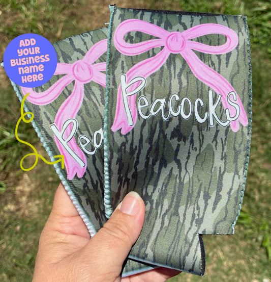 Custom business name koozies in camo with pink bow