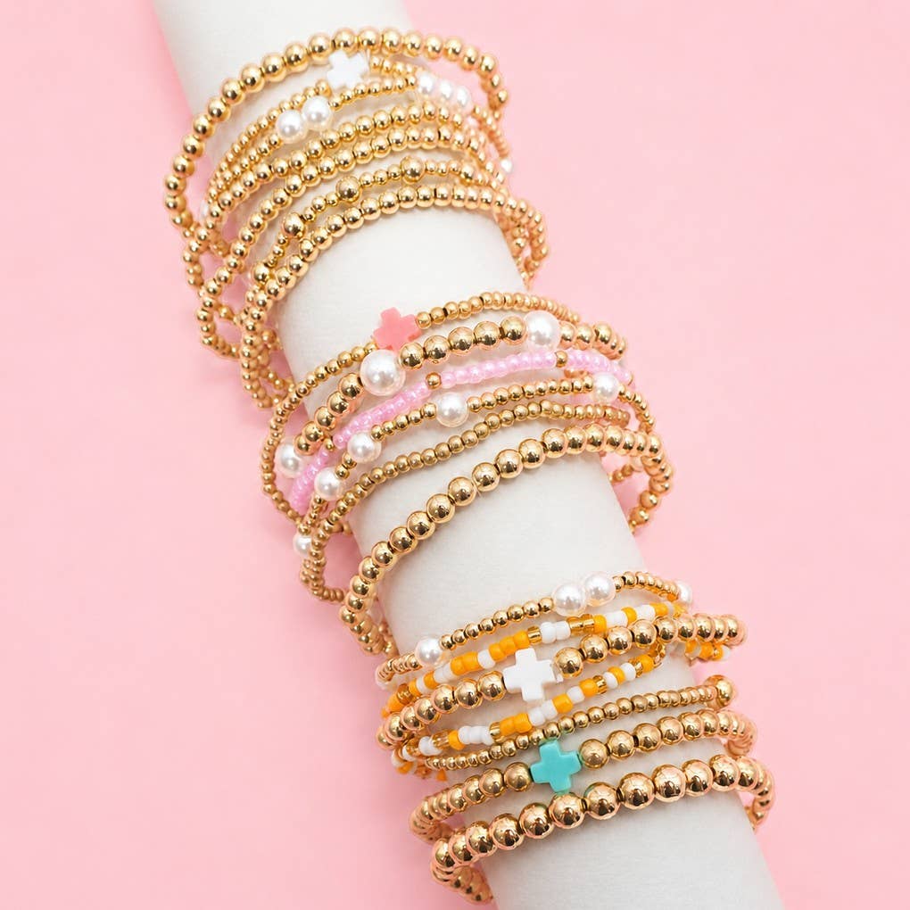 MULTI BALL PEARL BEAD CROSS STRETCHABLE BRACELET | 40B5271