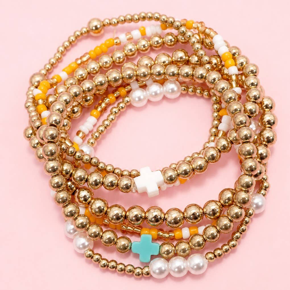 MULTI BALL PEARL BEAD CROSS STRETCHABLE BRACELET | 40B5271
