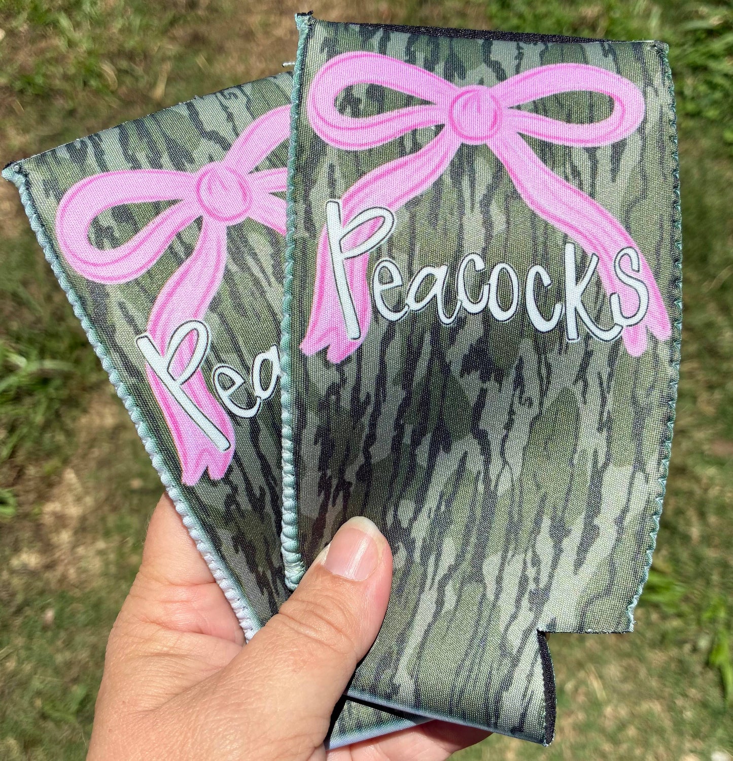 Custom business name koozies in camo with pink bow
