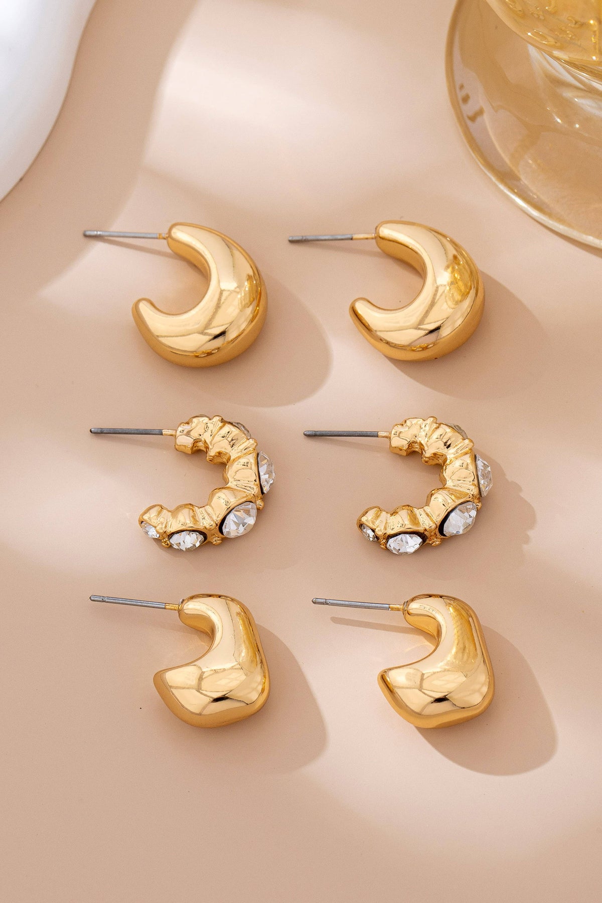 Rhinestone Geo Puffy Hoop Trio | 80E61592