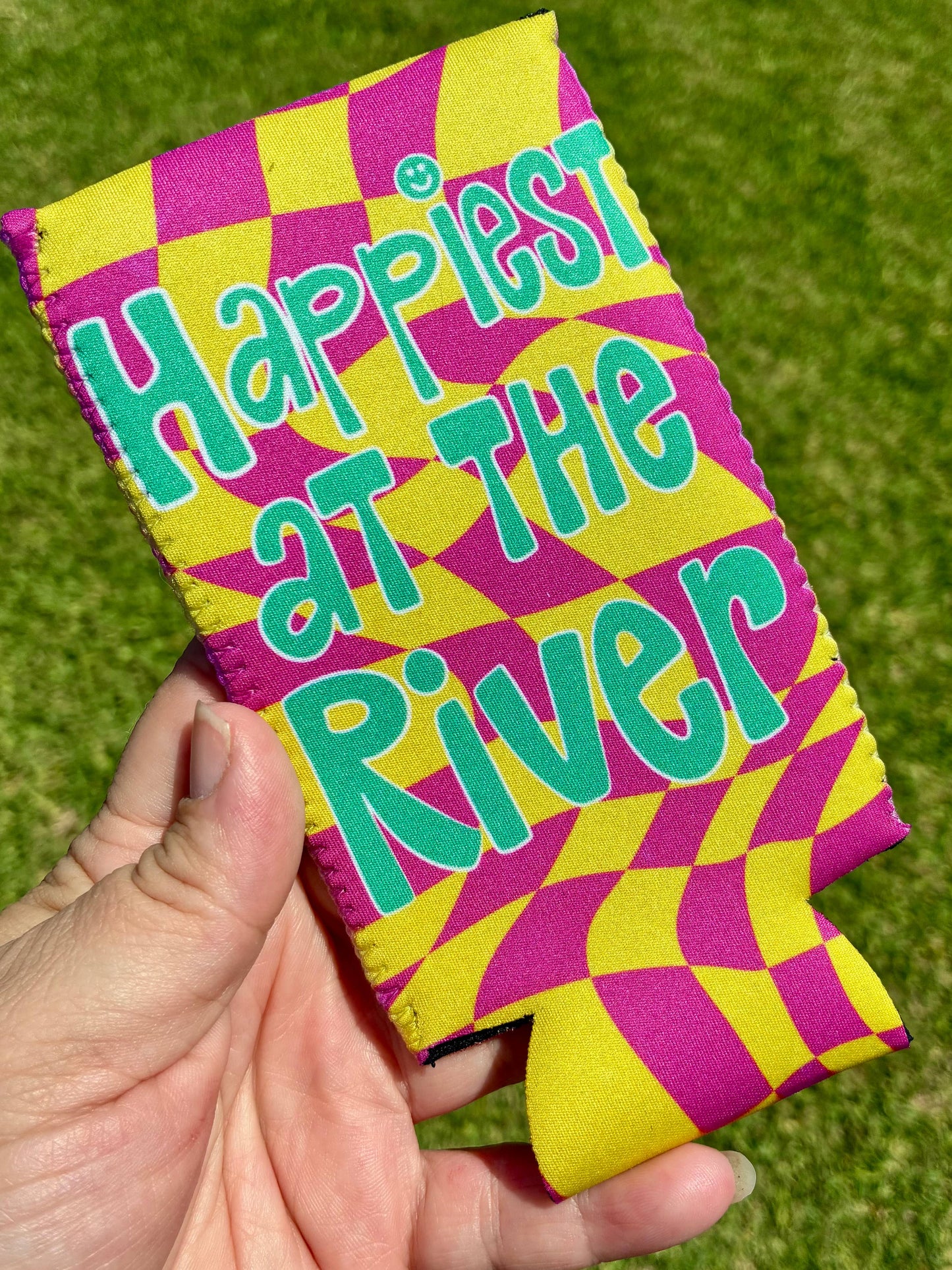 Happiest at the river summer checkered koozies 