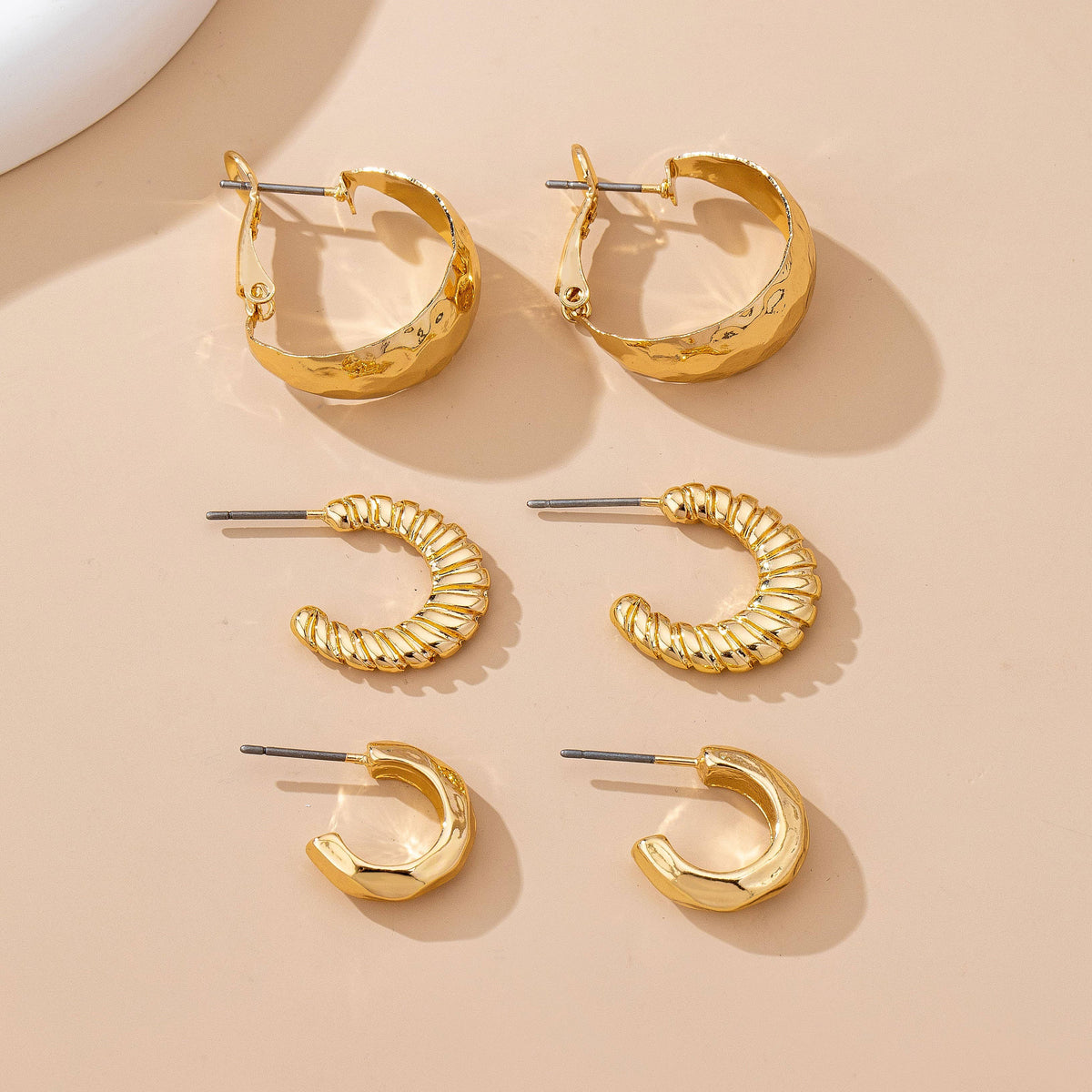 Mixed Texture Gold Crescent Hoop Trio Earring Set | 80E61795