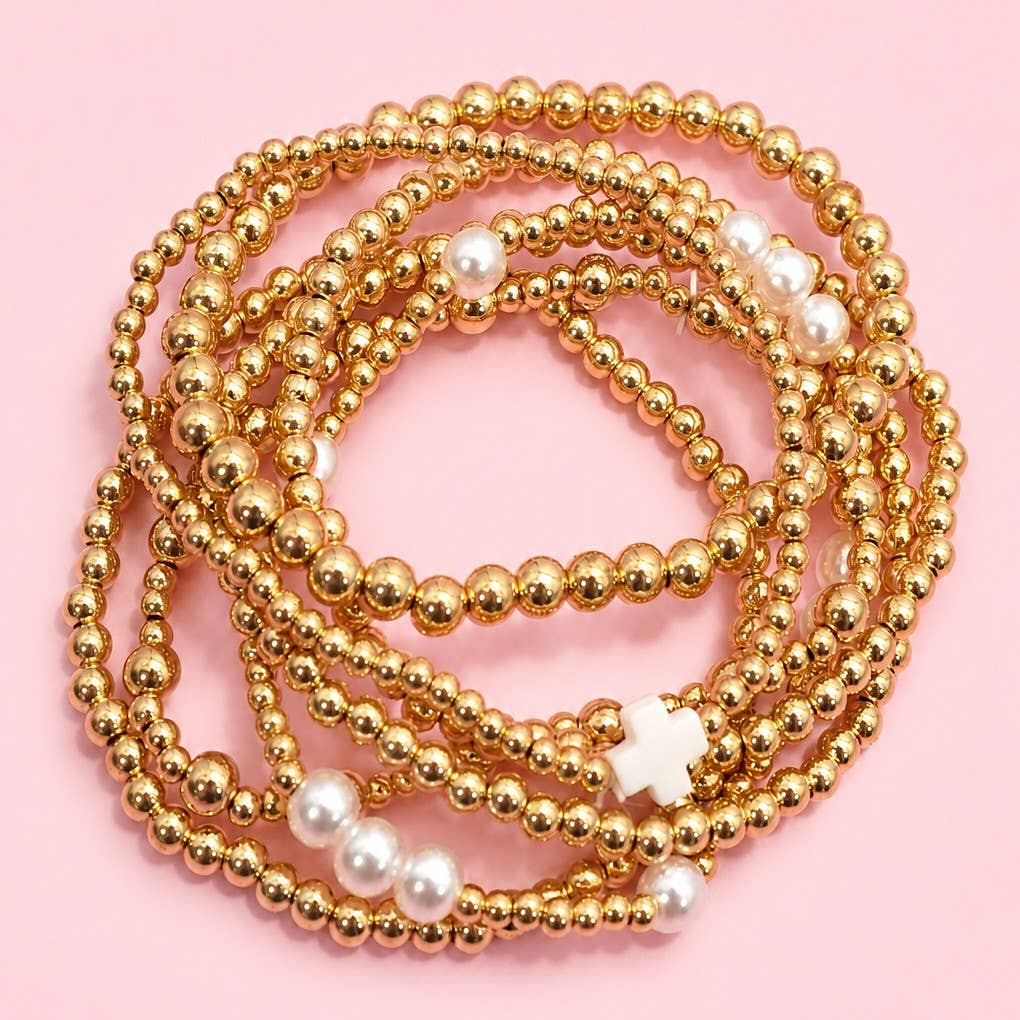 MULTI BALL PEARL BEAD CROSS STRETCHABLE BRACELET | 40B5271