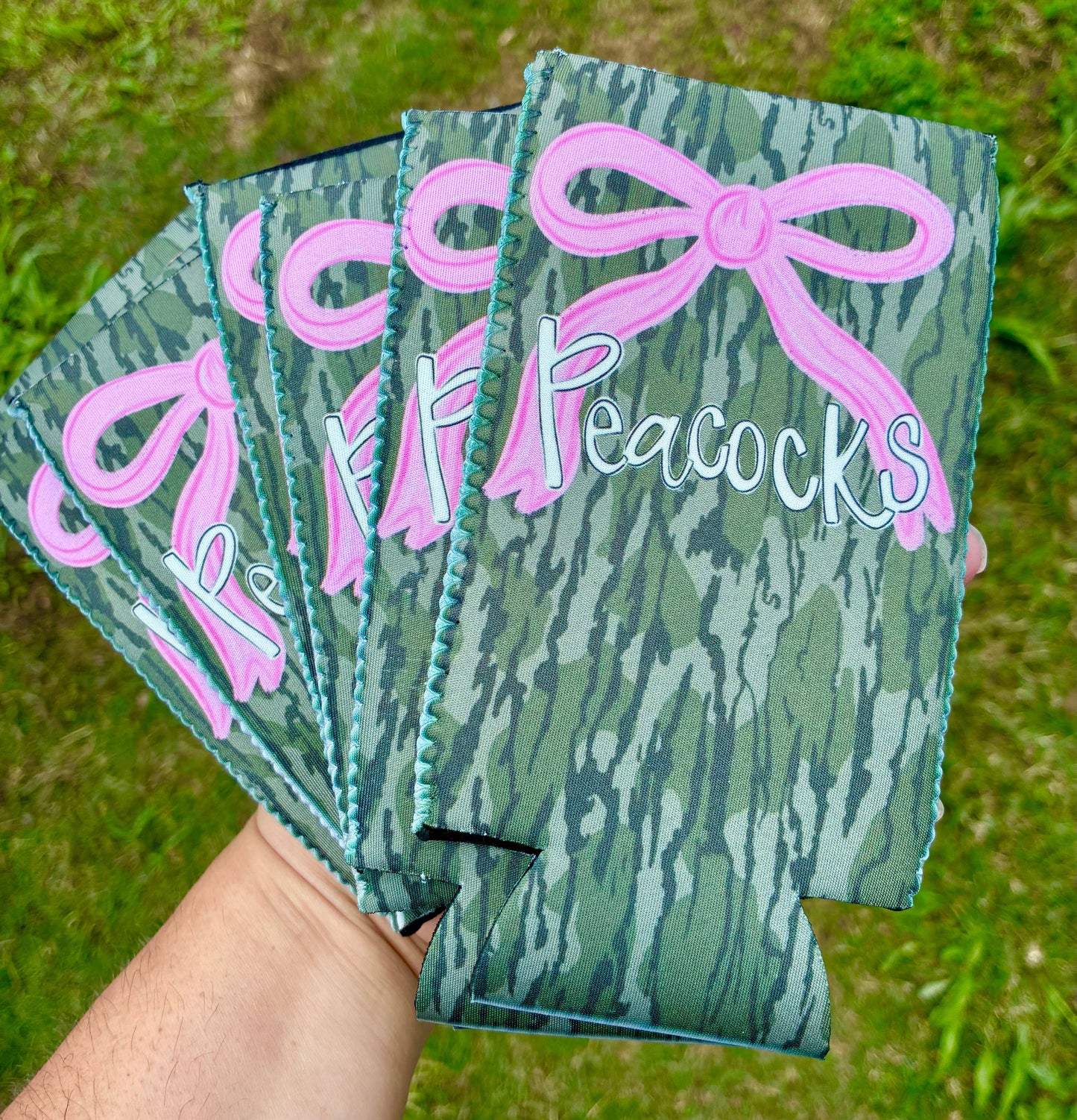 Custom business name koozies in camo with pink bow