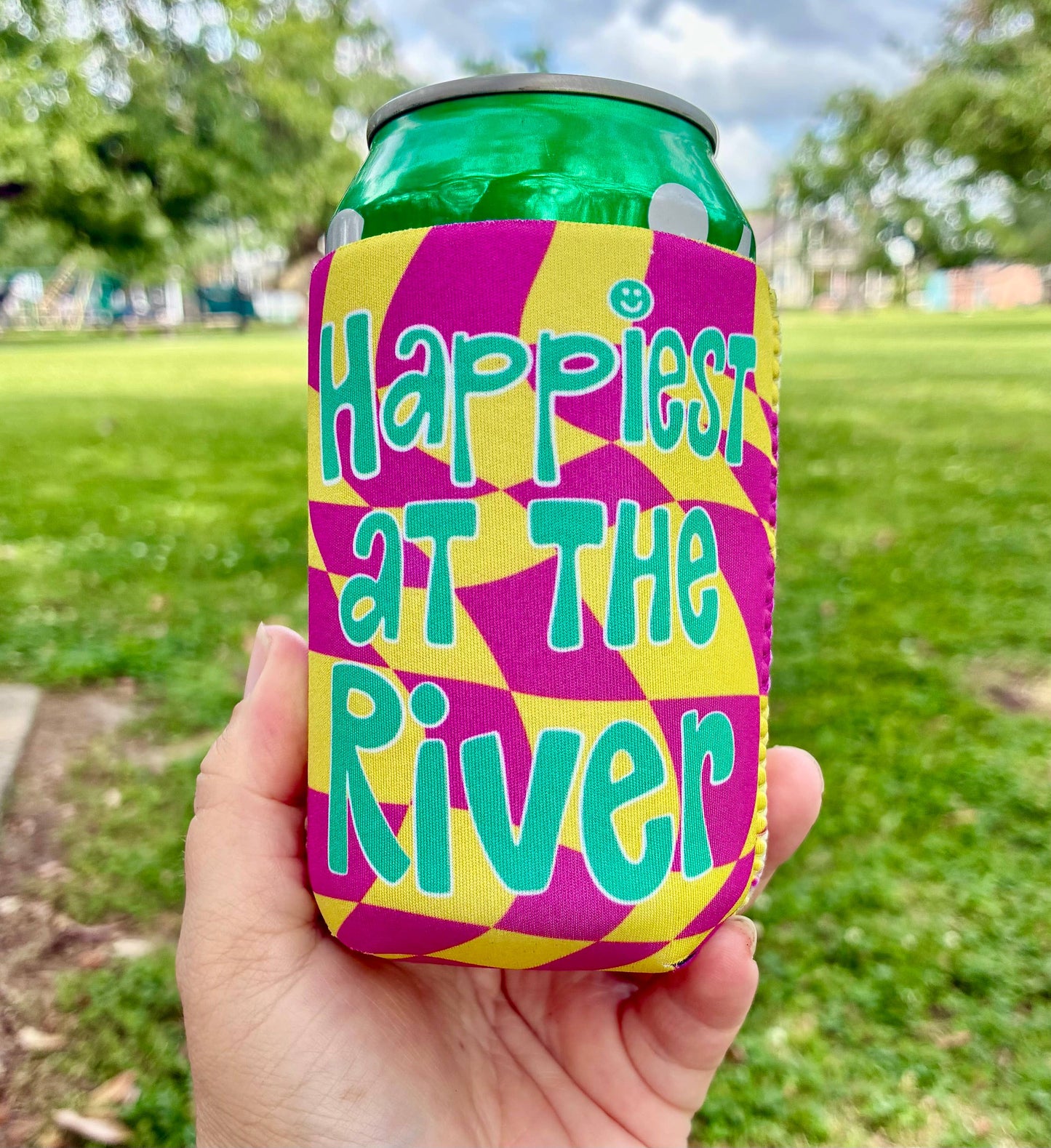 Happiest at the river summer checkered koozies 