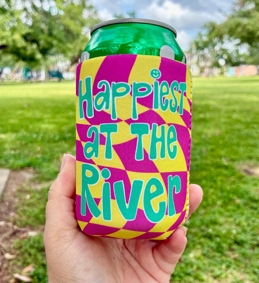 Happiest at the river summer checkered koozies 