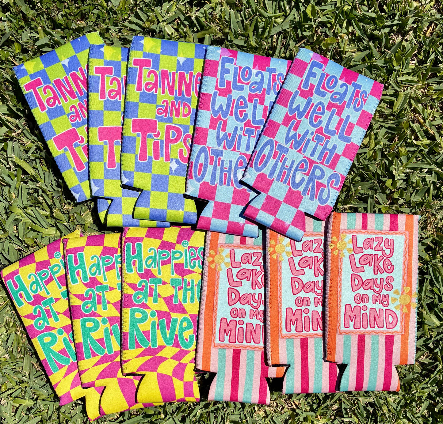 Happiest at the river summer checkered koozies 